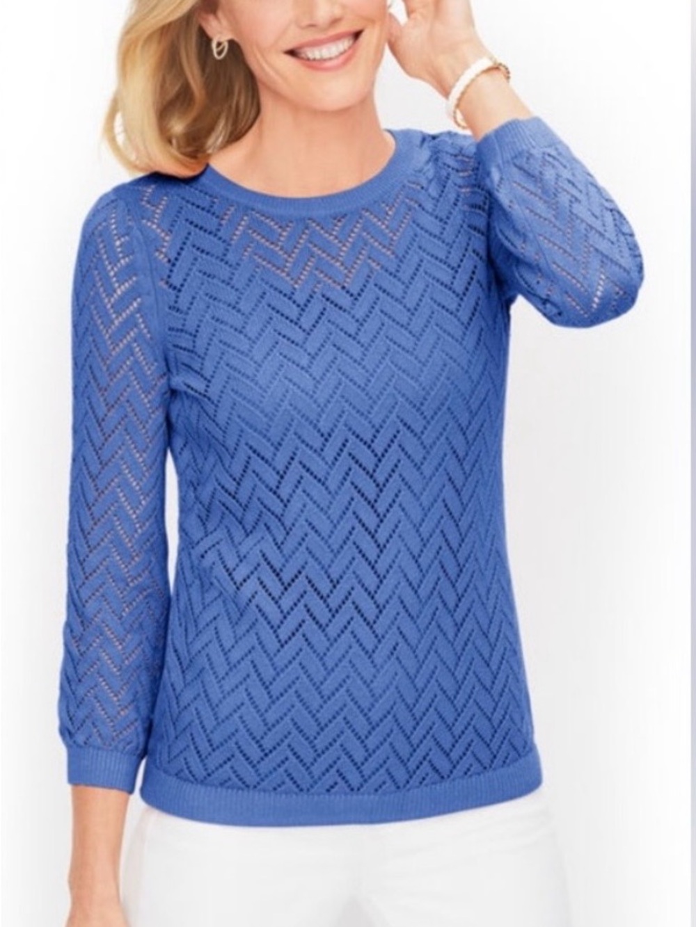 Talbots Women’s Periwinkle Blue Chevron Knit Crewneck Pullover Sweater Sz M~NWT